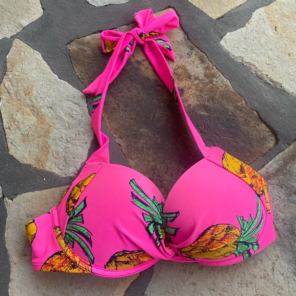 Aerie Pink Pineapple Floral Push Up Bikini LIKE NEW Swim Top - Size 34D